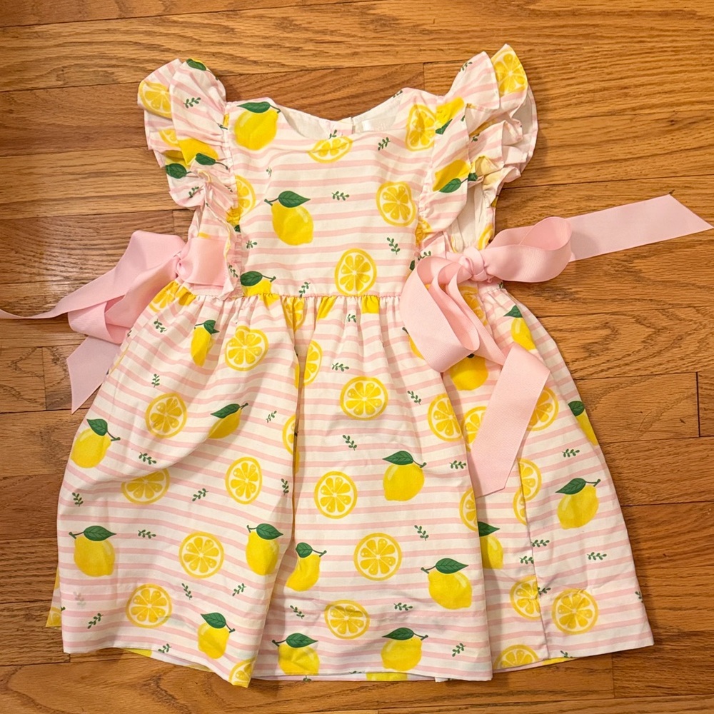 Cecil and Lou Pink Lemon Print Dress with Ruffle Sleeves